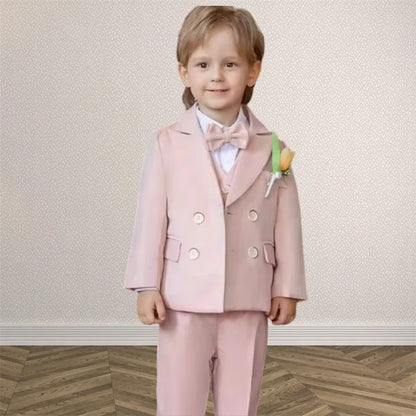 Macaroon Colorful Toddler Suit Set Double Breasted Kids Suits Blazer Pants Bow-tie Brooch Boy's Formal Tuxedo Dresswear