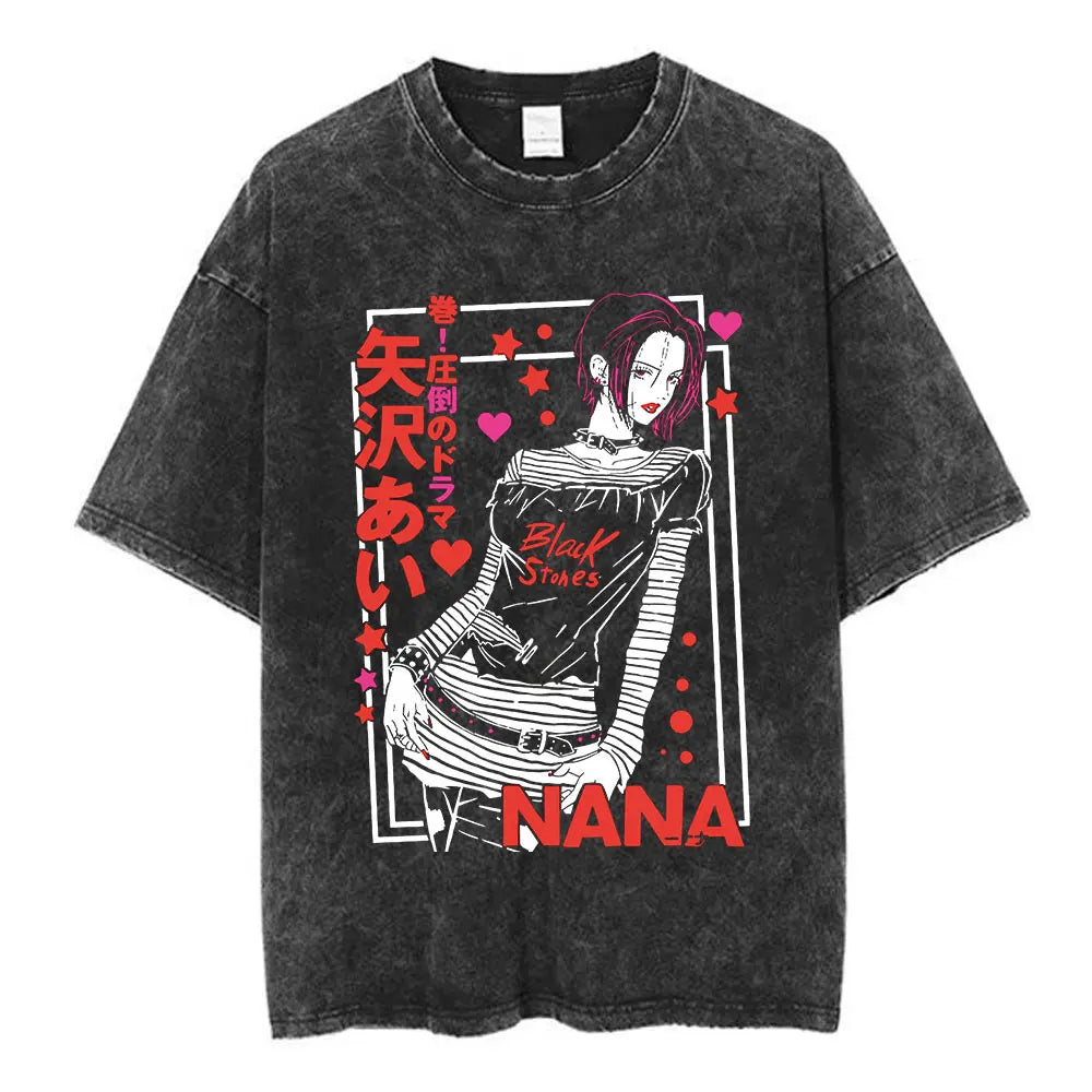 Nana Osaki Japanese Anime Vintage Washed T-shirt Men's Women Clothing Harajuku Short Sleeve T-shirts 100% Cotton Casual T Shirts