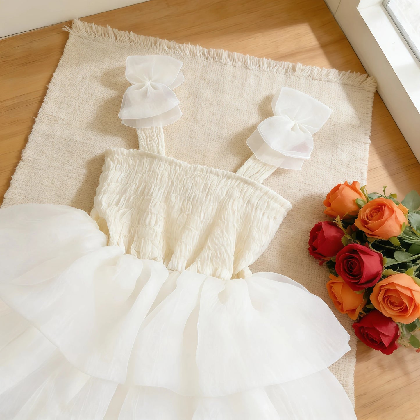 Summer White Bow Strap Princess Party Layered Dress Baby Clothes For Kids Birthday Skirt Toddler Girls Baptism Elegant Dress
