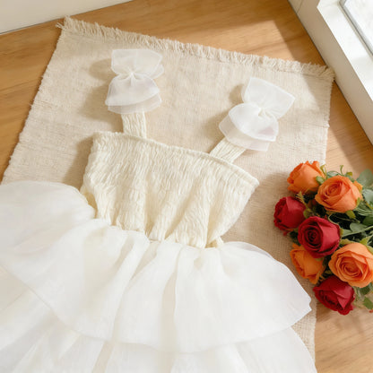 Summer White Bow Strap Princess Party Layered Dress Baby Clothes For Kids Birthday Skirt Toddler Girls Baptism Elegant Dress