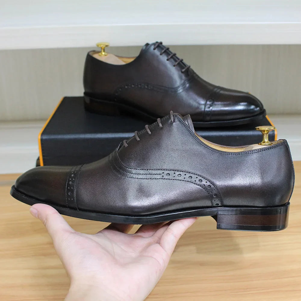 Men's Genuine Leather Oxfords Handmade Cap Toe Dress Shoes Lace-Up Formal Wedding Shoes Business Office Male Footwear
