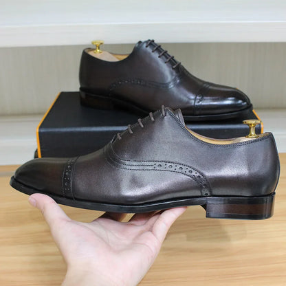Men's Genuine Leather Oxfords Handmade Cap Toe Dress Shoes Lace-Up Formal Wedding Shoes Business Office Male Footwear