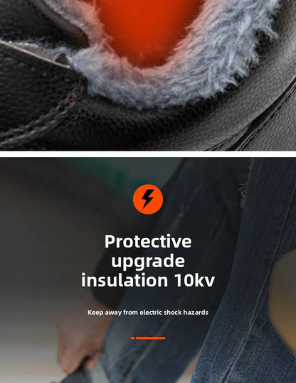 Plush Labor Protection Shoes for Winter Work Shoes Men's Anti Smashing Anti Piercing Microfiber Leather Work Cotton Safety Shoes