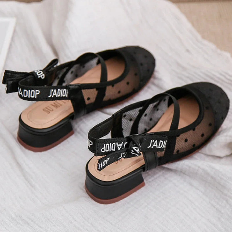 Mesh Black White Polka Dot Shoes Sandals for Girls with Heels Mules Sling Back Shoes for Girls Luxury Shoes for Girls To Dress