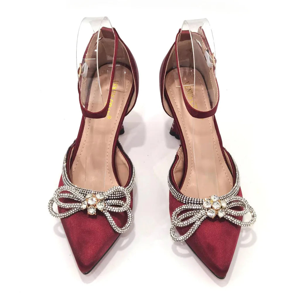 Ladies Pointed-Toe Party High Heels Magenta Colour Bow Rhinestone Stereo Bag Evening  African Wedding Shoe And Bag Set