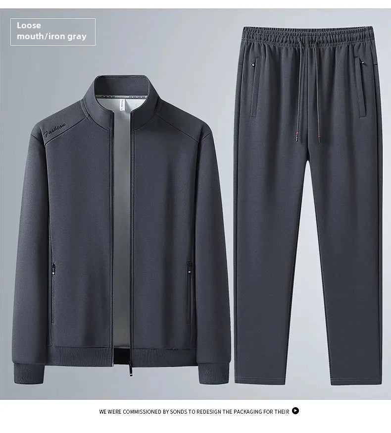 Spring Autumn New Men's Cotton Sports Suit Stand Collar Sweatshirt Middle-Aged And Elderly Casual Stylish Cardigan Loose-Fit 2-P