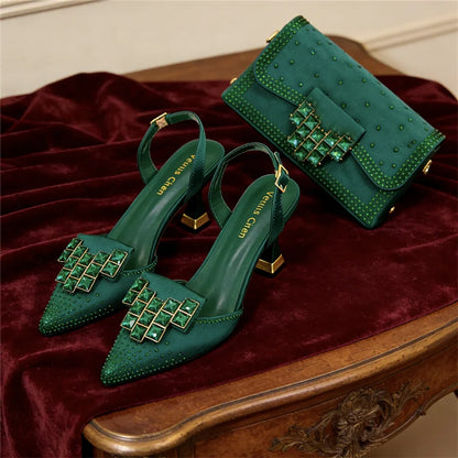 Italian Fashion Design Shoes and Bags Matching Set  High Heels green Color Rhinestones Elegant Women Shoes for Party
