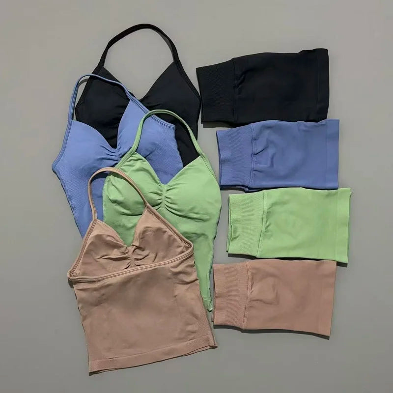 2 Piece Sports Set Women Seamless Yoga Tank With Removable Pads Top Scrunch Butt Workout Leggings Suit Gym Sports Sets
