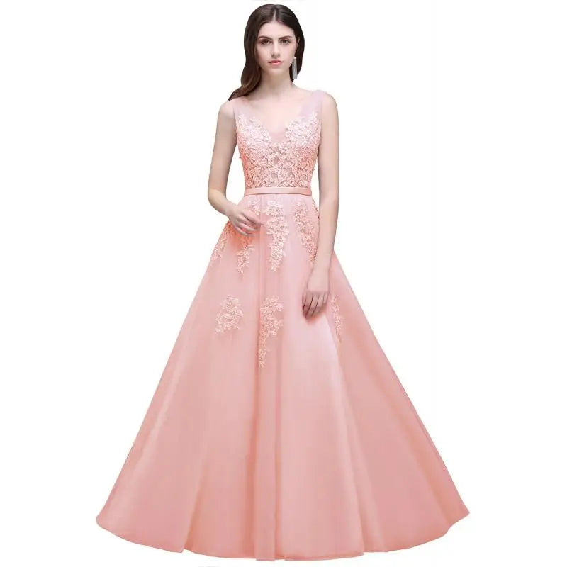 In Stock Pink Princess Prom Dresses Appliques Beaded V Neck Long Evening Dress Soft Tulle Bridesmaid Dress Vestidos De Fiesta