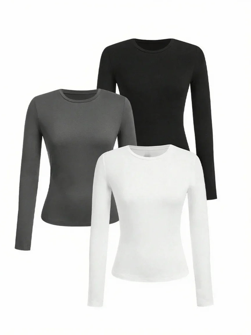 Women's solid-color long-sleeved T-shirt - Polyester knitted fabric, round neck, regular fit, fall-winter style