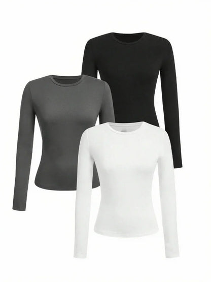 Women's solid-color long-sleeved T-shirt - Polyester knitted fabric, round neck, regular fit, fall-winter style