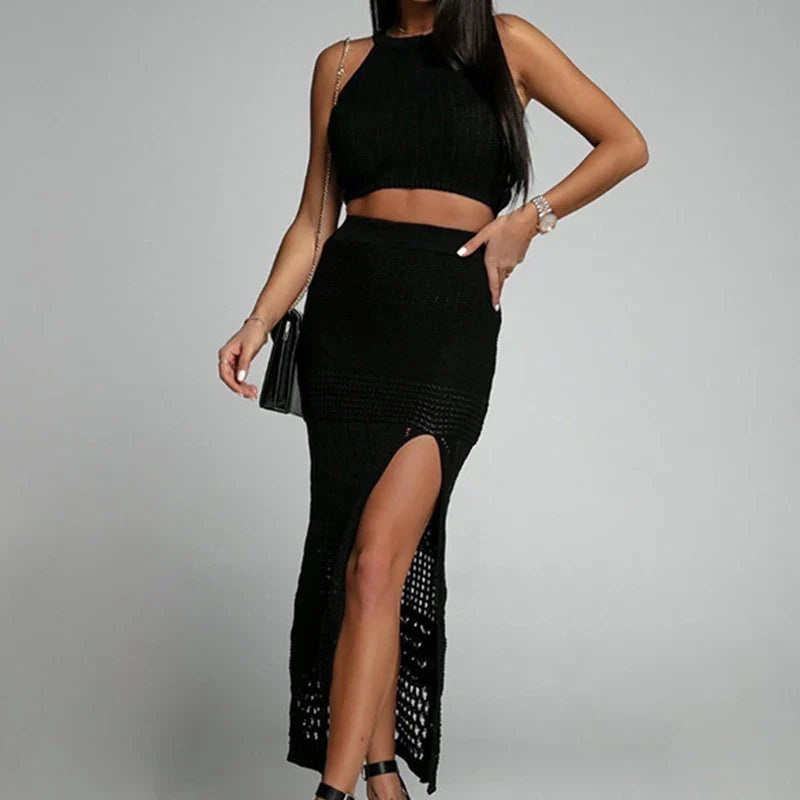 New Style Knitting Solid Color Tank Top Texture Slit Dress Ladies Beach Sunscreen Dress Suit Hollow Out Beachwear Cover Up