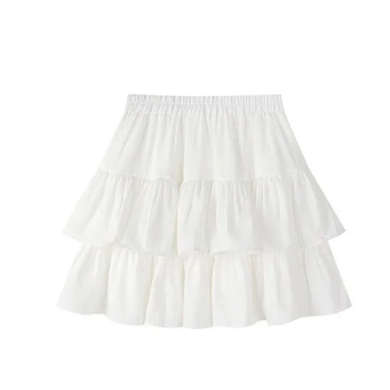 Pleated A-Line Skirt Women White Ruffle Sweet Tierred Pretty Style Skirt Elastic Waist Summer Slim Basic Korean Harajuku Dress