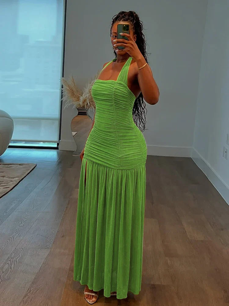 See Through Hem Dress Women Ruched Halter Summer Trend Sleeveless Backless Patchwork Midnight Clubwear Party Maxi Bodycon