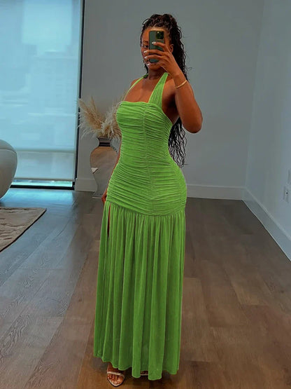 See Through Hem Dress Women Ruched Halter Summer Trend Sleeveless Backless Patchwork Midnight Clubwear Party Maxi Bodycon