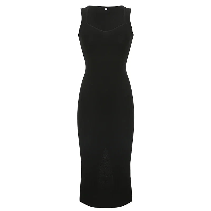 Basic Knit Long Dress Korean Fashion Square Collar Sleeveless Women's Dresses Summer Casual Y2k Vintage All-match Outftis