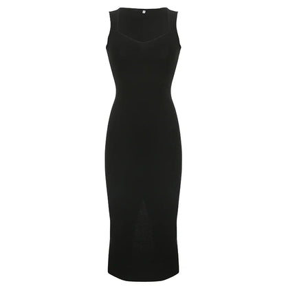 Basic Knit Long Dress Korean Fashion Square Collar Sleeveless Women's Dresses Summer Casual Y2k Vintage All-match Outftis