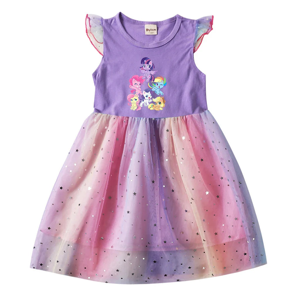 My Little Pony Baby Girls Dress Children Cartoon Mesh Star Sequins Princess Dress Kids Flying Sleeve Skirt For Daily Gift