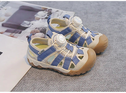Kids' Rotating Button Closed-Toe Sandals, Breathable Mesh Shoes, Non-Slip Boy Girls Barefoot Shoes Summer Casual Sports Sandals