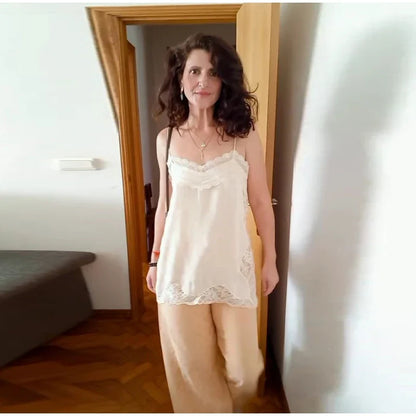 Sexy Lace Sling Tank Top Women Stain Sleeveless V Neck Backless Loose Tops Female 2025 Summer Autumn Chic Street Homewear Lady