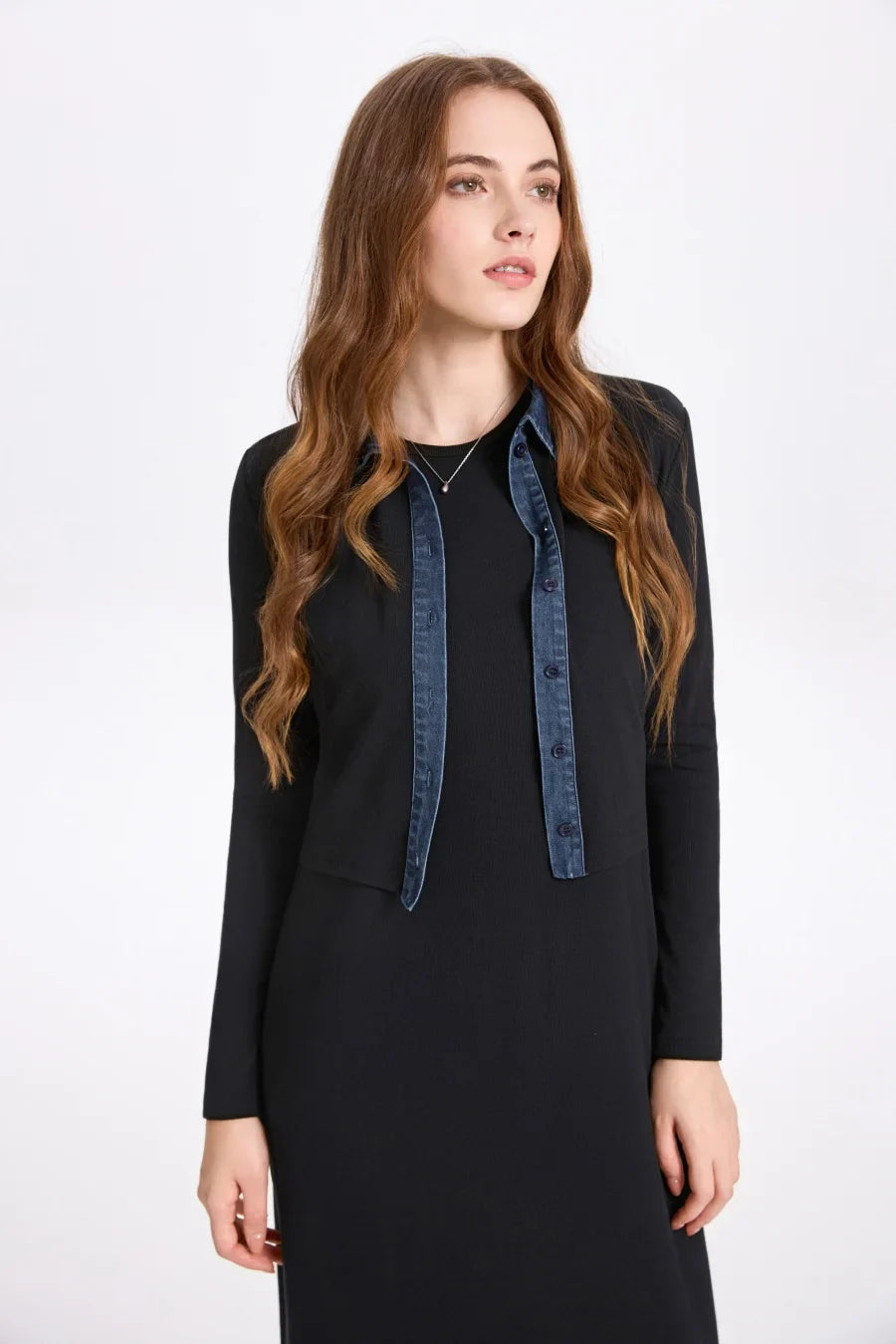 ribbing cardigan with denim collar + sleeveless maxi dress matching set for woman clothes