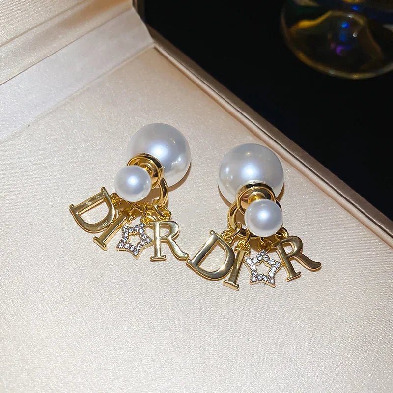 Retro Luxury Tassel Letter Pearl Earrings Women's Fashion Versatile Elegant High-End Feelings Front And Back Stud Earrings