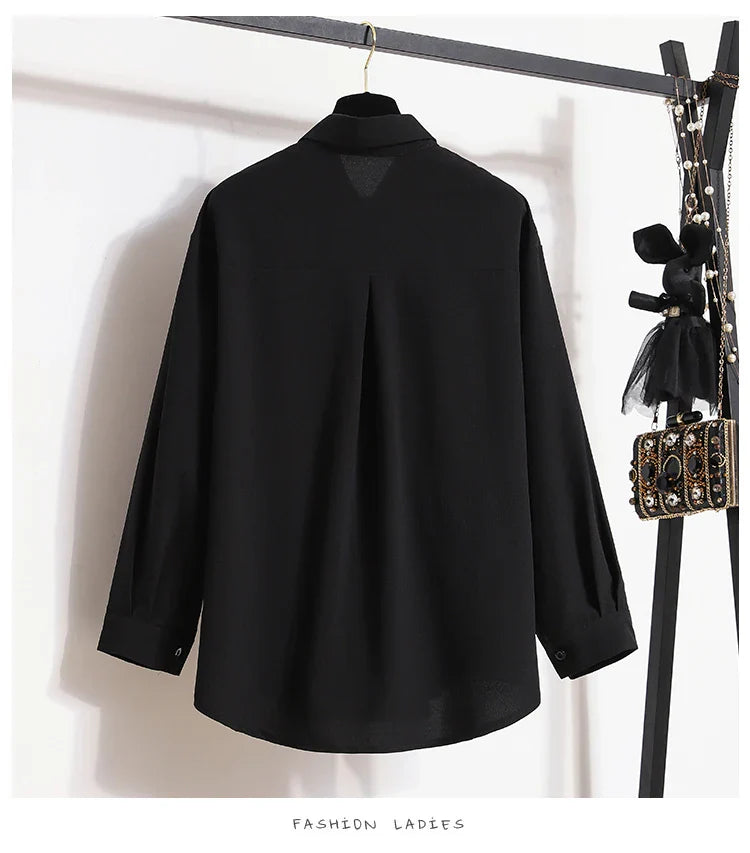 2026 Women's Plus Size Blouse Korean Style Spring Autumn Loose Elegant Casual Mid-length Tops Long Sleeved Waist Cinching Shirts