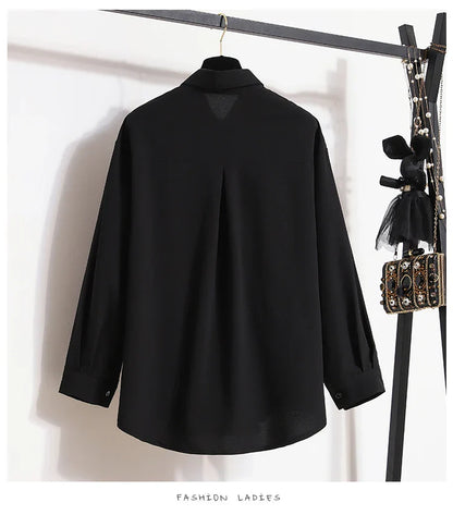 2026 Women's Plus Size Blouse Korean Style Spring Autumn Loose Elegant Casual Mid-length Tops Long Sleeved Waist Cinching Shirts