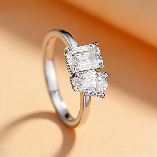 Pear Emerald Cut Moissanite Ring Engagement Rings for Women Two Stone 925 Sterling Silver with Gold Plated Wedding Band
