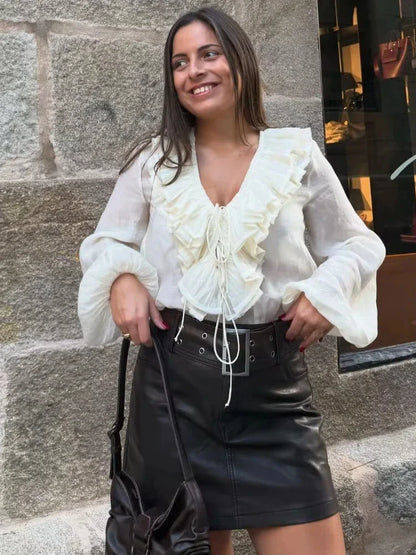 Elegant Women's Retro V-neck Ruffle Trim Long Sleeve Shirt 2025 Summer Casual Top Women's Fashion Translucent Thin Shirt