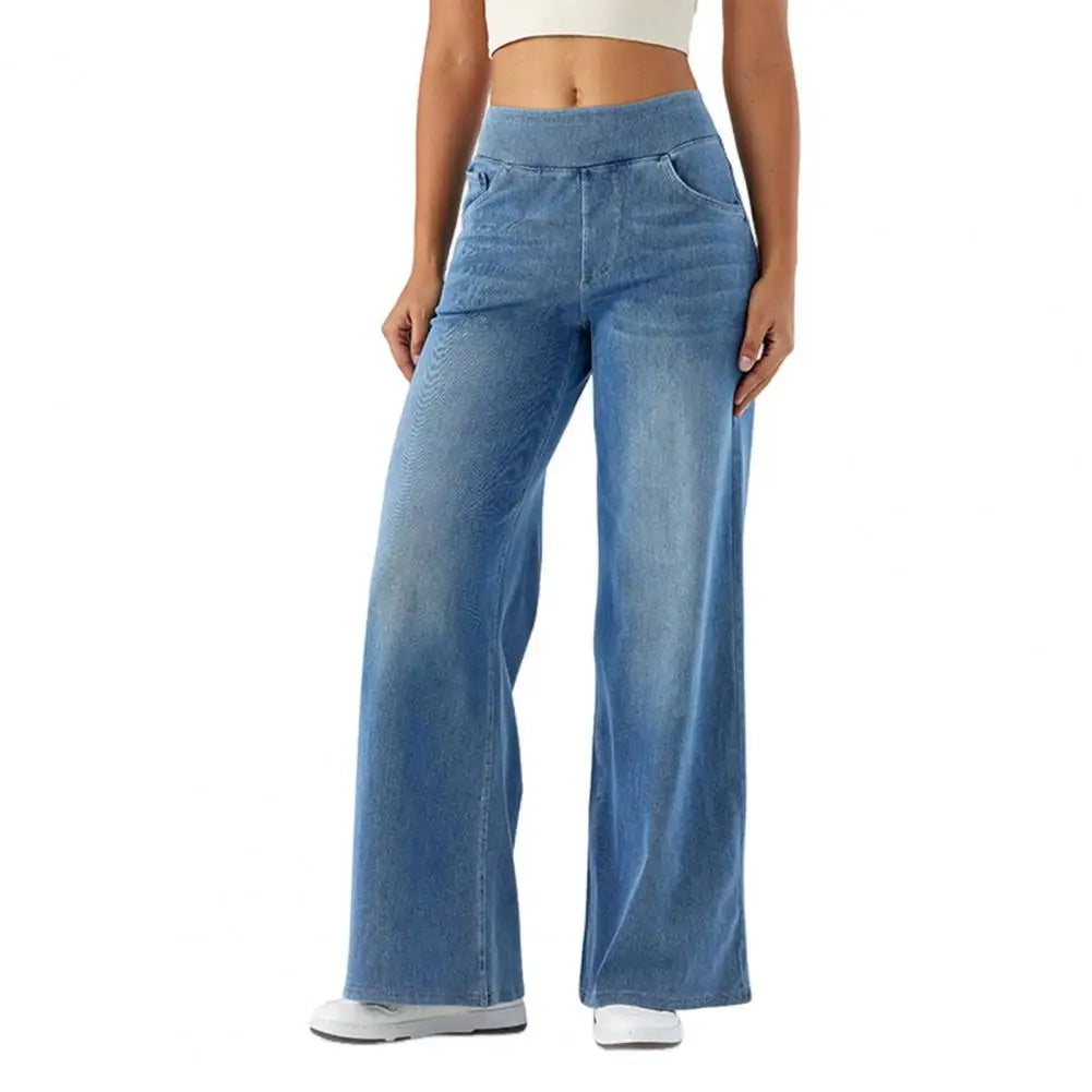 Wide Leg Jeans Solid Color Elastic High Waist Lady Pants