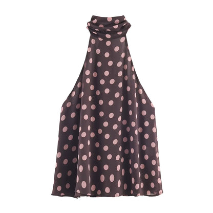 Women's Summer New Polka Dot Hanging Neck High Neck Top With Lace Up Design Lady Sleeveless Backless Sexy High Street Vest Top