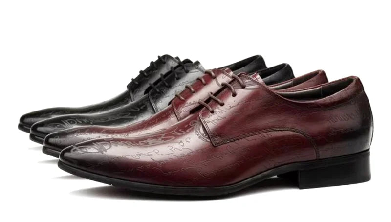 Stylish Letter-printed Men's Business Leather Shoes Korea Style Wedding Derby Shoes Lace-up Pointed Toe Dress Shoes Man Wine-red