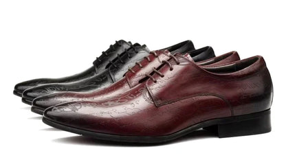 Stylish Letter-printed Men's Business Leather Shoes Korea Style Wedding Derby Shoes Lace-up Pointed Toe Dress Shoes Man Wine-red