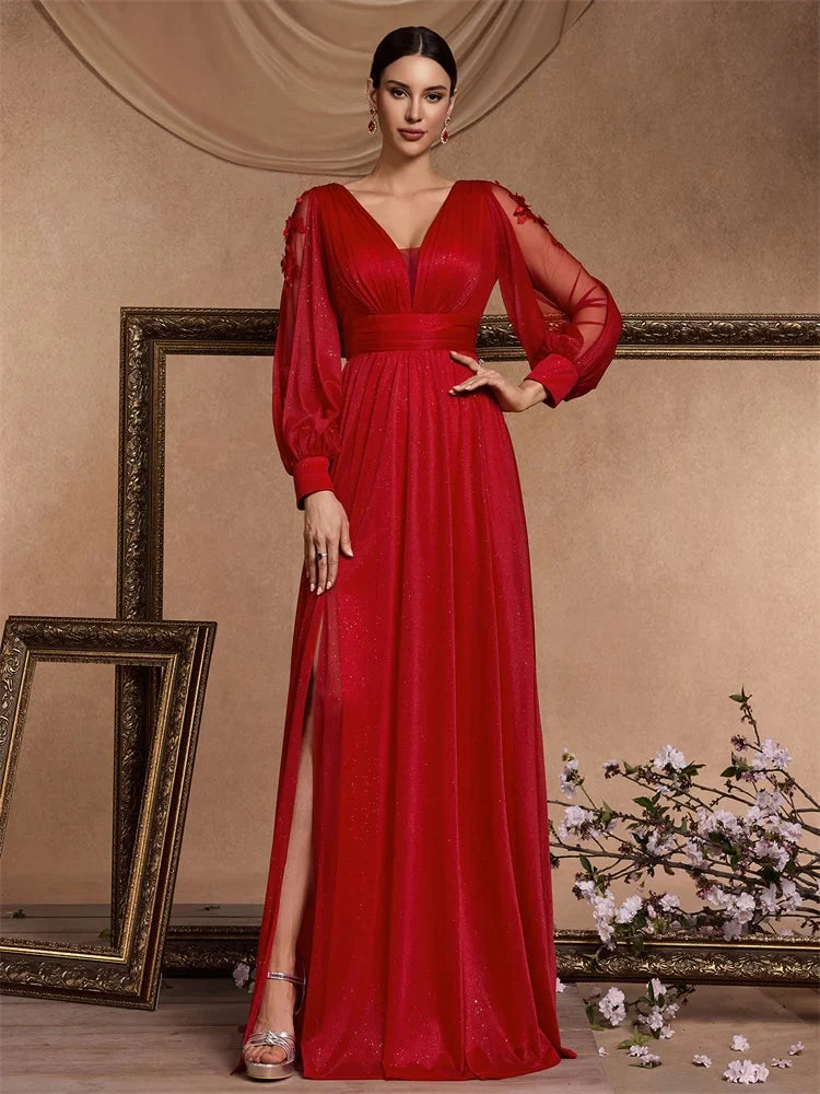 Elegant Slit Formal Applique Chiffon Evening Dress Luxury 2025 Women Long Mermaid V-neck Caicktail Gown Wedding Party Prom