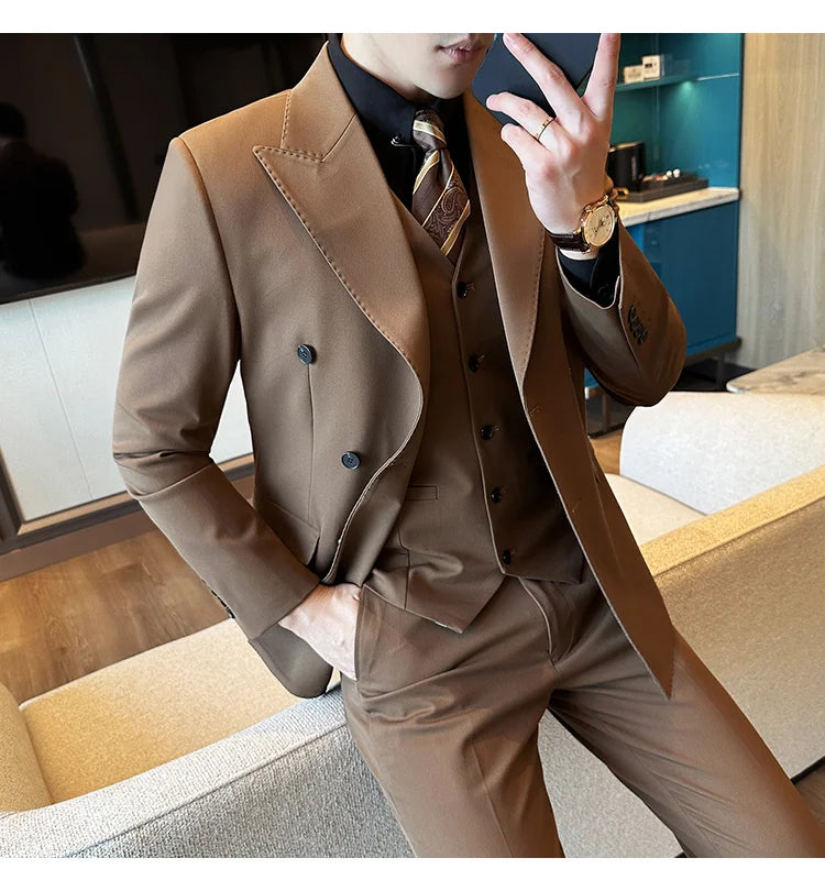 (Jackets+Pants) Luxury Double Breasted Design Slim Fit Suit High Quality Fashion Men's Wedding Social Suit Tuxedo 2 Piece Set