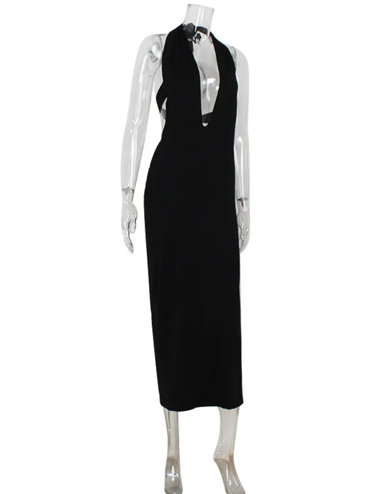 Fashion Halter Women's Maxi Dresses Solid Deep V-Neck Sleeveless Blackless Bandage Sheath Bodycon Party Vestidos Robes