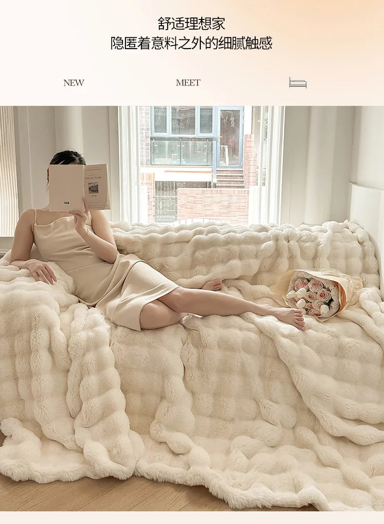 2025 new solid color imitation rabbit plush milk plush thickened thermal leisure home blanket office nap blanket, no pillowcase.