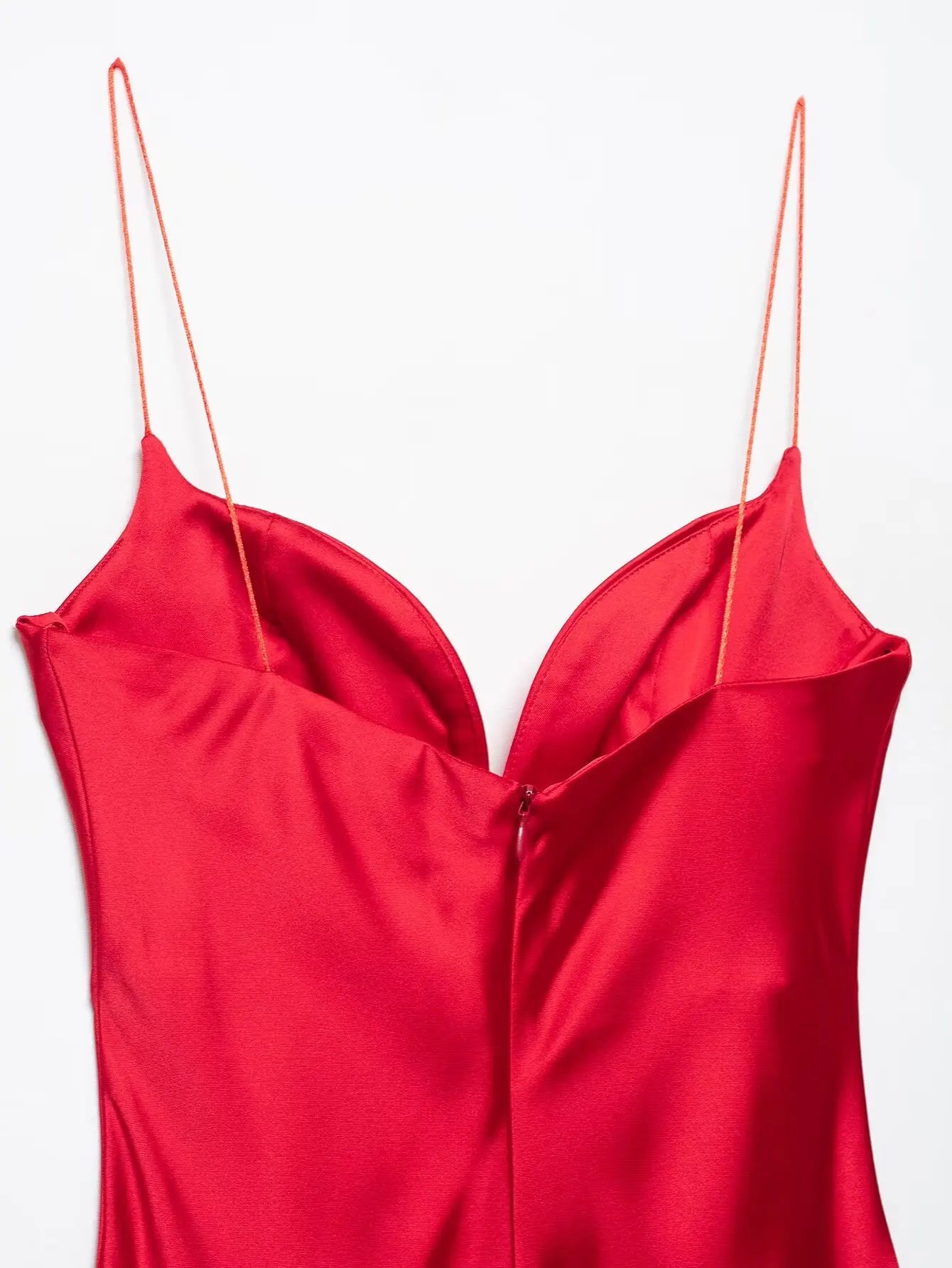 Women Red V-Neck Holiday Style Satin Texture Long Dress Sleeveless Summer Women's Back Zipper Fashion Sling Dresses