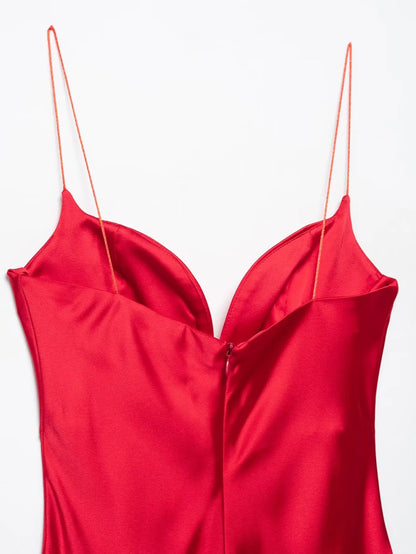 Women Red V-Neck Holiday Style Satin Texture Long Dress Sleeveless Summer Women's Back Zipper Fashion Sling Dresses