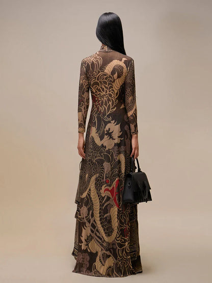 See Through Blouse Women Snake Print Half-High Neck Long Sleeves High Slits High Elasticity Street Skinny Trend Long Tops