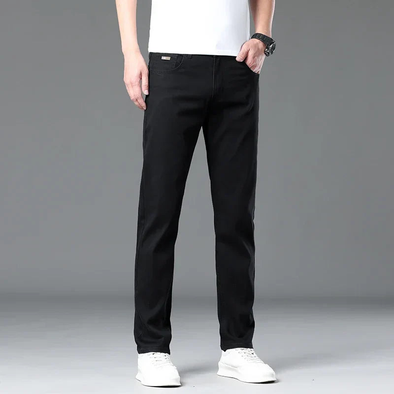 Summer Lyocell Ultra-thin Jeans Men Straight Stretch Breathable Denim Pants Fashion Business Casual Male Trousers Black Gray