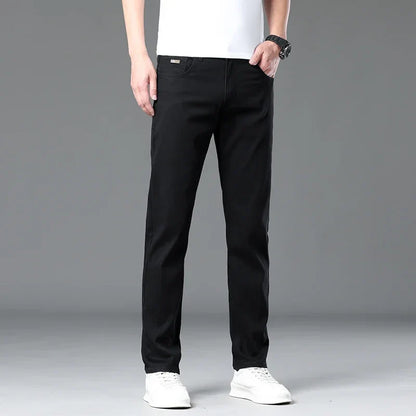 Summer Lyocell Ultra-thin Jeans Men Straight Stretch Breathable Denim Pants Fashion Business Casual Male Trousers Black Gray