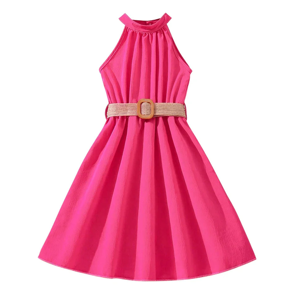 Elegant Summer Princess Dress for Teen Girls with Halter Neck and Off-Shoulder Children Sleeveless Casual Clothes with Belt