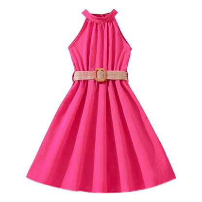 Elegant Summer Princess Dress for Teen Girls with Halter Neck and Off-Shoulder Children Sleeveless Casual Clothes with Belt