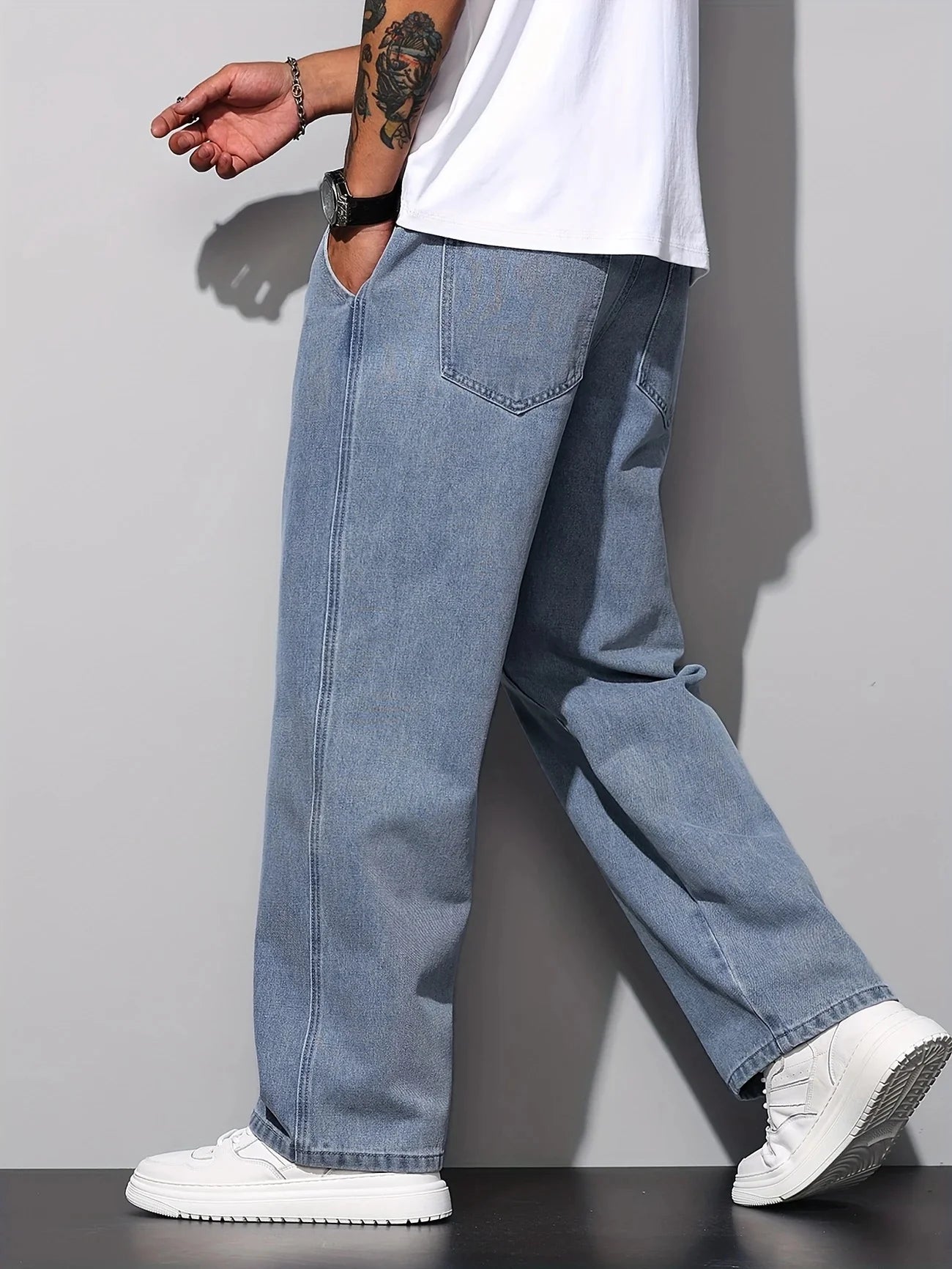 Calça Jeans Masculina Reta Casual, Calça Jeans Solta, Lavável à Máquina e à Mão, Uso em Todas as Estações, Uso Diário, Estilo Urbano