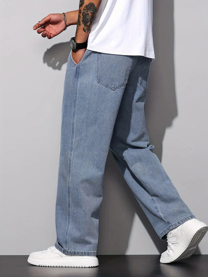 Calça Jeans Masculina Reta Casual, Calça Jeans Solta, Lavável à Máquina e à Mão, Uso em Todas as Estações, Uso Diário, Estilo Urbano