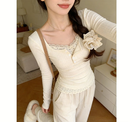 2026 Women's Fashion Trend Solid Color Sexy Lace Jacquard Two-Piece Long-Sleeve T-Shirt Y2K Slim Fit Sweet & Spicy Girl Shirt