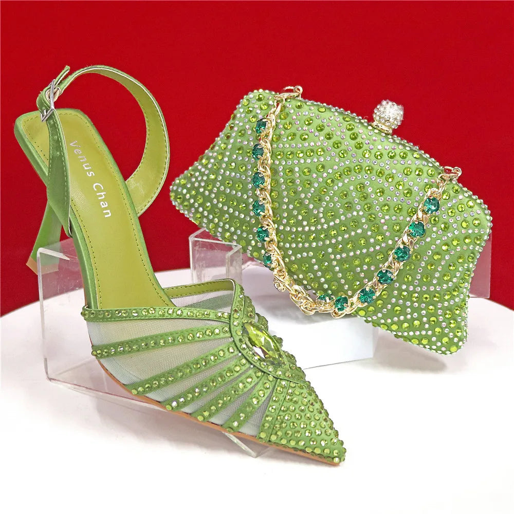 Elegant Fruit Green Women's Heels and Rhinestone Handbag Set - Italian Design for Weddings and Parties