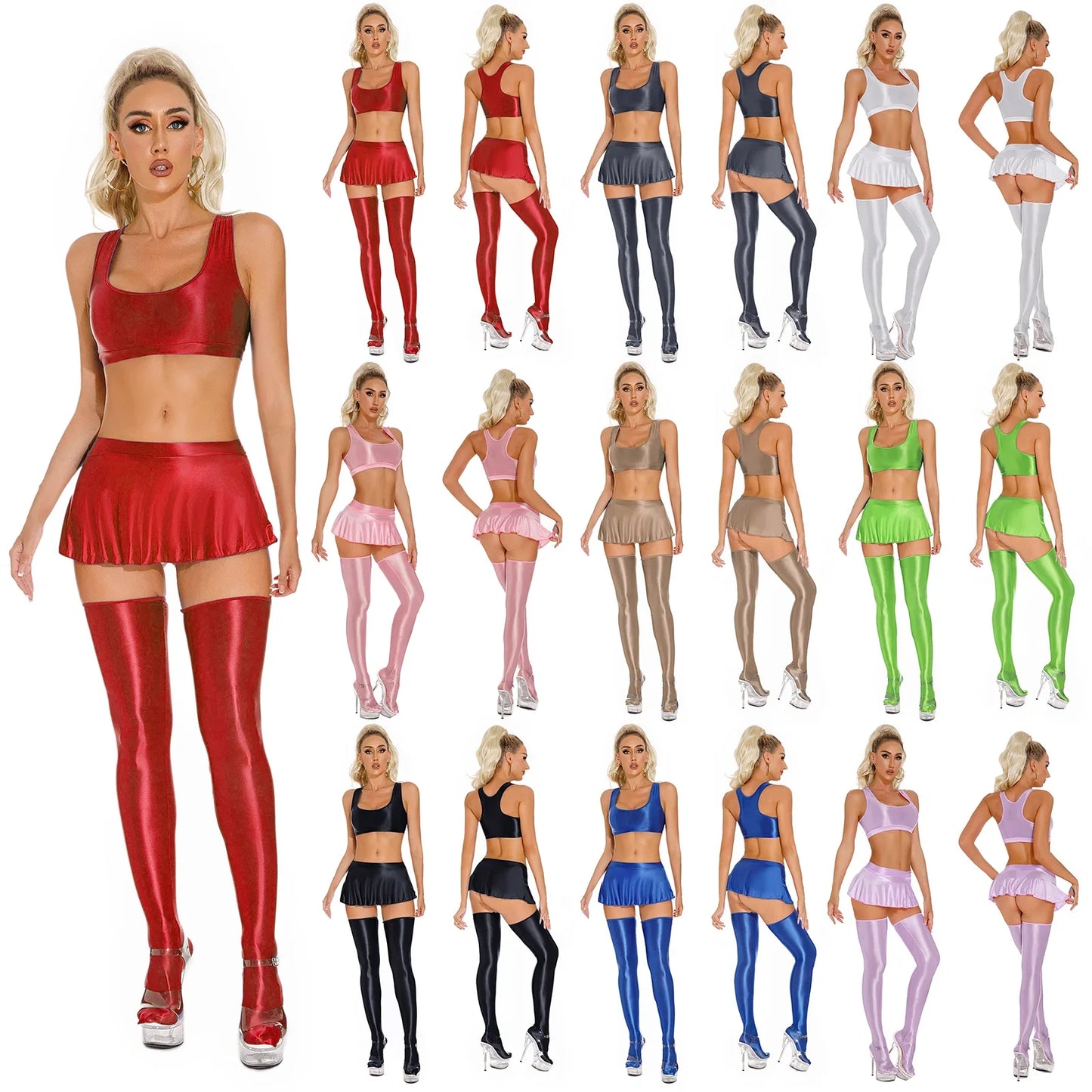 Womens Glossy Lingerie Sleeveless Crop Tank Tops Low Rise Miniskirt with Thigh High Stockings Pool Party Pole Dance Clubwear